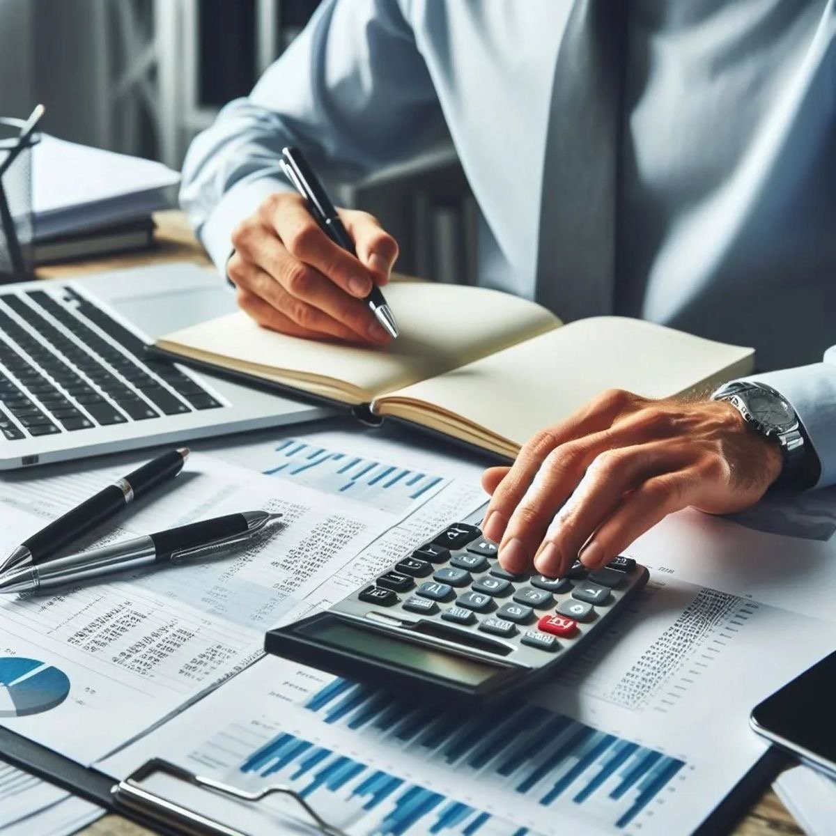 محاسب يراجع البيانات المالية ويحلل التقارير باستخدام الحاسب والآلة الحاسبة